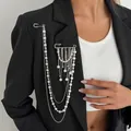 Hip-hop tassel chain brooch with silver metal pins and layered pearls on black suit - Layered Pearl Tassel Style (00371) / Silver