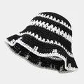 Crochet straw bucket hat with black and white stripes for summer beach sun protection - M (56-58cm) / Black White Contrast Black Edge