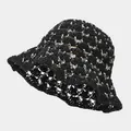 Fashionable black and white hollow knit straw bucket hat for beach sun protection - M (56-58cm) / Two-tone Hollow Style Black