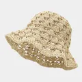 Breathable crocheted straw bucket hat in cream beige for women's beach vacations - M (56-58cm) / Two-tone Hollow Style Beige