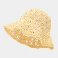 Breathable crocheted straw bucket hat in beige for stylish summer beach sun protection - M (56-58cm) / Two-tone Hollow Style Creamy Yellow