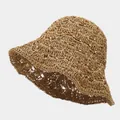 Women's hollow crochet straw sun hat in natural brown with breathable bucket design - M (56-58cm) / Two-tone Hollow Style Khaki