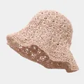 Women's crochet straw bucket hat in beige with stylish scalloped brim detail - M (56-58cm) / Two-tone Hollow Style Pink