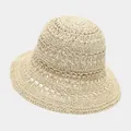 Breathable hollowed beige straw cloche hat with natural fiber weaving for women - M (56-58cm) / Solid Long Needle Hollow Flower Beige