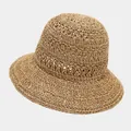 Breathable hand-woven crochet straw hat for women in natural light brown finish - M (56-58cm) / Solid Long Needle Hollow Flower Khaki