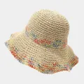 Light beige hand-woven straw bucket hat with colorful variegated stitching accents - M (56-58cm) / Contrast Color Edge Beige