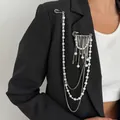 Hip hop tassel chain brooch with multi-layer pearls and silver star pendant design - Silver with White Pearl