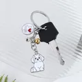 Puppy dog keychain with white enamel Maltese dog pendant and I Love Dogs charm - Maltese with Double Bells (10322)