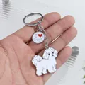 Cute white enamel maltese dog keychain with silver finish and I Love Dogs charm - Maltese with Heart (10321)