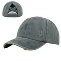 Distressed charcoal gray baseball cap with criss-cross ponytail hole and washed denim fabric - Adjustable 54-59 / Army Green