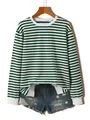 Sweat-shirt à rayures vertes pour femmes avec short en jean délavé style décontracté - S / Vert