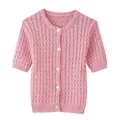 Close-up of pink knit cardigan featuring cable-knit texture and silver embossed buttons - S / Pink