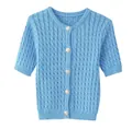 Detail of cable knit pattern and silver embossed buttons on sky blue short cardigan - S / Sky Blue