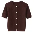 Detail of dark brown cable-knit cardigan with round neck and textured silver buttons - S / Dark Brown