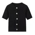 Details von schwarzem Zopfstrick-Cardigan mit silbernen Knöpfen und Rundhals - S / Schwarz