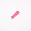 Macro detail of magenta PU leather zipper pull with silver D-ring and neat stitching - Long Rose Red Silver Buckle