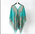 Teal chiffon sun protection shawl with paisley print and elegant pearl buttons - Lake Green