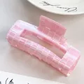 Pink checkered rectangle hair claw clip with holographic finish on a white background - Pink 10.5CM