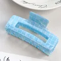 Blue checkerboard pattern hair claw clip made of iridescent PVC material - Blue 10.5CM