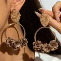 Bohemian large gold hoops with brown raffia flowers and woven leaf stud for vacation - Brown 3D Fabric Flower Large Hoop (31715-ear-brown-EP)