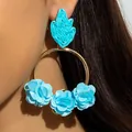 Handmade sky blue raffia flower earrings with woven leaves in bohemian beach style - Sky Blue Fabric Flower Large Hoop (31715-ear-blue-EP)