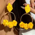 Yellow raffia flower hoop earrings with woven diamond pendant for beach vacation - Yellow Fabric Flower Large Hoop (31715-ear-yellow-EP)