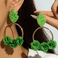 Sweet grass green raffia flower drop earrings with large golden hoop and woven petals - Green Fabric Flower Large Hoop (31715-ear-green-EP)