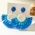 Bohemian royal blue raffia flower earrings with white beads for beach vacations - Royal Blue Raffia with Beaded Fan (31528-ear-blue-EP)