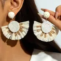 Bohemian raffia fan earrings with white beaded center and light brown accents - Beige Raffia with Beaded Fan (31528-ear-beige-EP)