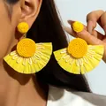 Handmade yellow raffia flower drop earrings with beads for summer beach vacations - Bright Yellow Raffia with Beaded Fan (31528-ear-yellow-EP)