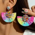 Rainbow bohemian raffia fan earrings with colorful handmade beads for summer beach - Rainbow Raffia with Seed Bead Fan (31528-ear-col-EP)