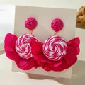 Pink raffia flower drop earrings for beach vacation with bohemian woven design - Pink Spiral Faux Petals (31530-ear-rw-EP)