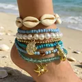 Bohemian multi-layer beach anklet set with natural cowrie shells and colorful beads - Blue Ocean Theme Layered Anklet (32668-ank-blue-EP)