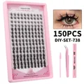 DIY 150 clusters natural manga fake eyelashes kit with pink tweezers and lash glue - Eyelash Tool Kit (DIY-SET-738)
