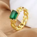 Retro gold chain ring with emerald cut green zircon stone in a vintage style - US 6 / Gold Green Stone
