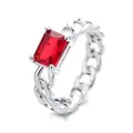 Silver Cuban link ring with a large rectangular red zircon in 4-prong setting - US 6 / Silver with Red Stone
