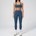 Ensemble de yoga 3 pièces bleu brume avec coutures contrastées et taille haute - S / Soutien-gorge de sport + Leggings / Bleu foncé
