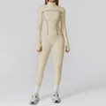 Women's beige brushed yoga set with contrast black stitching and thumbhole sleeves - S / Top And Bottom / Jacket + Pants / Beige Apricot