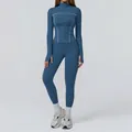 Two-piece yoga set with zip-up jacket and leggings in dusty blue with white contrast stitching - S / Top And Bottom / Jacket + Pants / Dark Blue