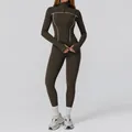 Two-piece brown yoga set with white contrast piping and slim-fit zipper jacket - S / Top And Bottom / Jacket + Pants / Deep Brown
