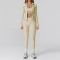 Three-piece beige yoga set with jacket, sports bra, and leggings with black trim - S / Top And Bottom / 3-Piece Set (Bra+Trousers+Jacket) / Beige Apricot