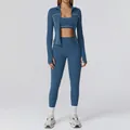 Three-piece hazy blue yoga set with contrast stitching jacket, sports bra and leggings - S / Top And Bottom / 3-Piece Set (Bra+Trousers+Jacket) / Dark Blue