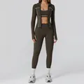 Three-piece dark olive green yoga set with white contrast trim and thumbhole sleeves - S / Top And Bottom / 3-Piece Set (Bra+Trousers+Jacket) / Deep Brown