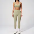 Three-piece sage green brushed yoga set with high waist leggings and sports bra - S / Top And Bottom / Sports Bra + Leggings / Moss Green