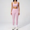 Pink two-piece yoga set with white trim, high waist leggings and sports bra combo - S / Top And Bottom / Sports Bra + Leggings / Sakura Pink