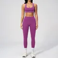 Three-piece purple yoga set with sports bra and high-waisted leggings featuring white seams - S / Top And Bottom / Sports Bra + Leggings / Mulberry Purple