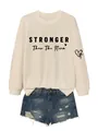 Beige crewneck sweatshirt with Stronger letter print and distressed denim shorts set - Sand