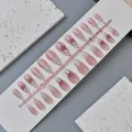 24pcs French style press-on nails with pink 3D flower carvings and black dots - WY-130 / 10 Pieces In Xs Size