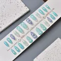 Blue and green press-on nails set with 3D bows and floral patterns style WY-123 - WY-123 / 10 Pieces In Xs Size