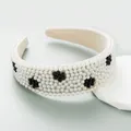 Baroque velvet headband with white faux pearls and black bead floral patterns - Black Pearl Flower Decor